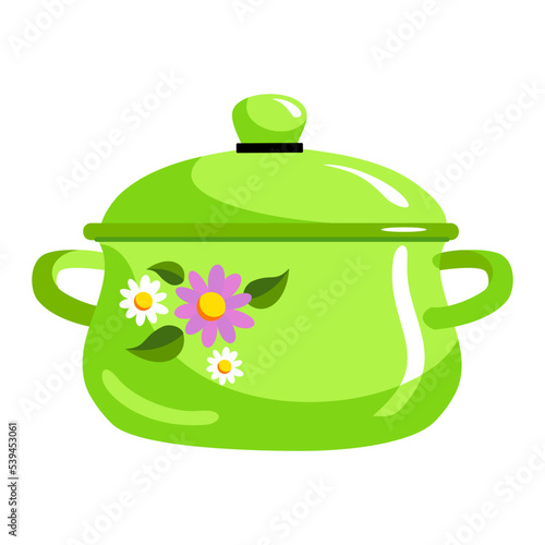 Green saucepan, utensils for cooking soup.