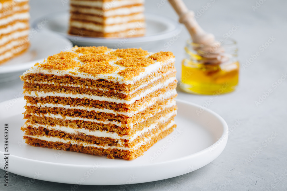 Homemade honey cake. Slice of sweet honey cake. Homemade honey cake. Slice of sweet honey cake.