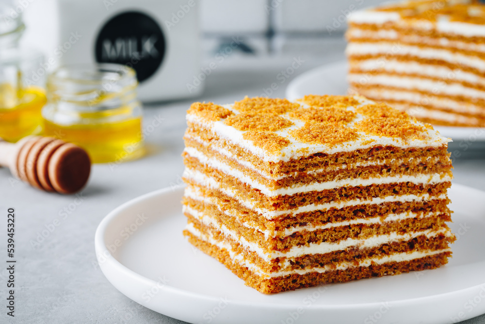 Homemade honey cake. Slice of sweet honey cake. Homemade honey cake. Slice of sweet honey cake.