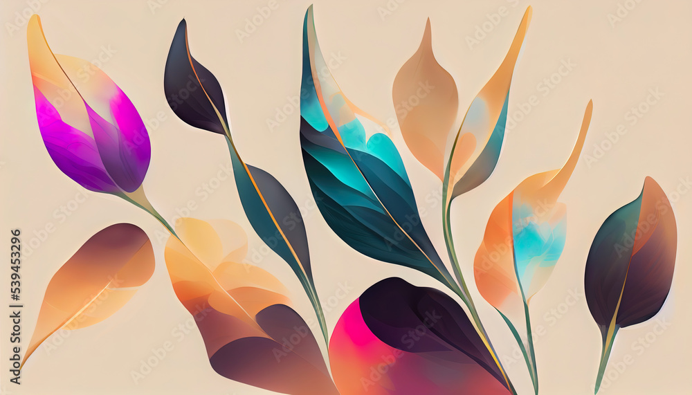 Abstract botanical plant wallpaper. Colorful art drawing. Elegant romantic background for weddings cards. Minimal floral banner. Wallpaper texture. Bouquet of luxury pastel colored backdrop.