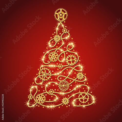 Gold christmas tree made of golden wire with gears, sparkles, little scattered stars on a red background in steampunk style.