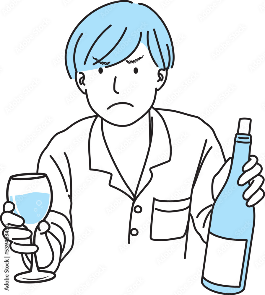 ワインボトルとワイングラスを持つ怒った顔の若い男性