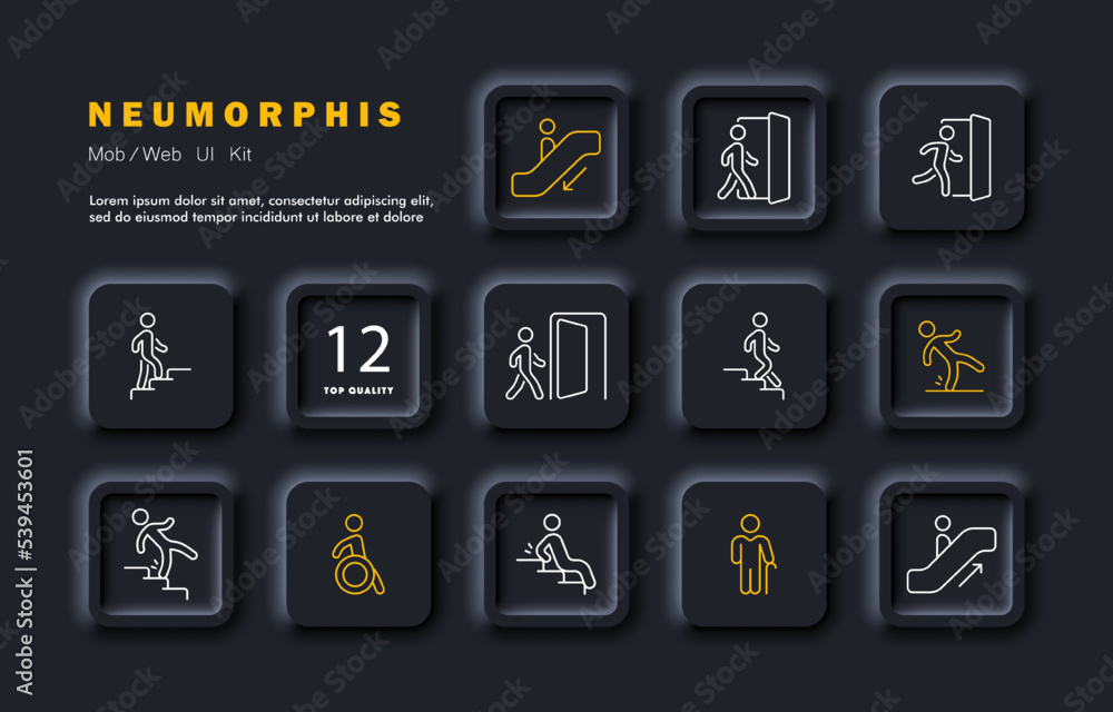 Information signs with people set icon. Walk, disabled, exit, entrance, escalator, stairs, door, run, go up, down, slippery floor, elderly person. Service concept. Neomorphism style. Vector line icon Information signs with people set icon. Walk, disabled, exit, entrance, escalator, stairs, door, run, go up, down, slippery floor, elderly person. Service concept. Neomorphism style. Vector line icon