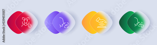 Identification set icon. Biometrics, face ID, face recognition, speech, fingerprints, palm scanner, DNA. Personal data, verification. Authentication concept. Glassmorphism style. Vector line icon