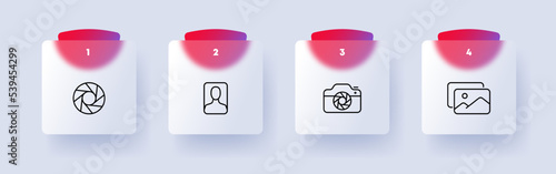 Camera icon set. Photocamera sign. Take a picture. Camera symbol for your web site design, logo, app, Photography concept. Glassmorphism style. Vector line icon for Business and Advertising