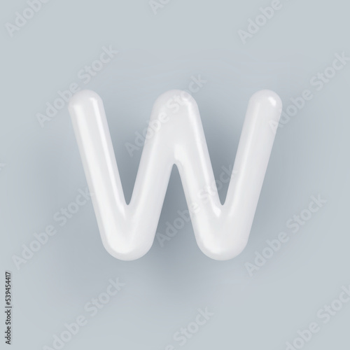 3D White plastic uppercase letter W with a glossy surface on a gray background.