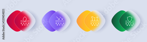 Skin protection set icon. Moisturizing, hand cream, mask for face, acne treatment, antiseptic, shaving gel, moisture. Skincare concept. Glassmorphism style. Vector line icon for Business