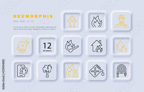 Fire set icon. Worker, firefighter, fire engine, fire brigade, security system, spark, ignition, water, extinguish. State of emergency concept. Neomorphism style. Vector line icon for Business