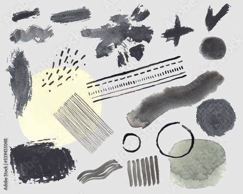 Realistic hand drawn watercolor paint swatches, strokes and design elements in black color.