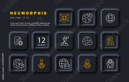 Globe set icon. Briefcase, building, planet in hand, equator, earth, news, crespondent, solar system, cosmos, universe. Topography concept. Neomorphism style. Vector line icon for Business