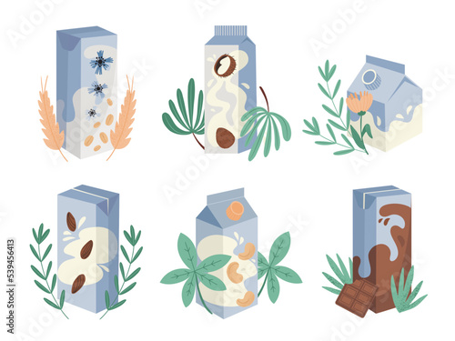 Set with different plant based alternative milk packages, decorated with plants. Isolated vector illustration