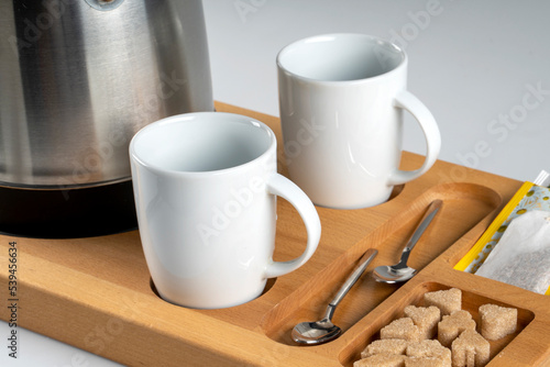 Electric kettle , tea and coffee cup set in hotel room, ceramic cup set,