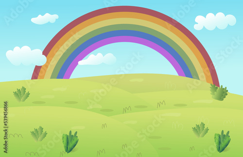Vector cartoon meadow landscape with grass. Blue sky with white clouds and rainbow. Flat valley landscape. Empty field on sunny summer day. Green hills landscape background, empty glade template.