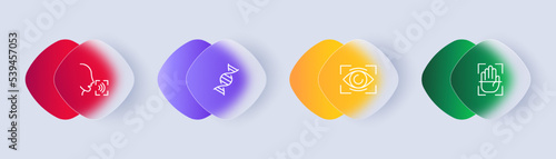Authentication set icon. Face recognition, voice recognition. Identification, rna, speech, etc. Biometrics concept. Glassmorphism style. Vector line icon for Business and Advertising