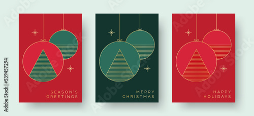 Christmas Card Designs with Geometric Bauble Decoration Illustration and Gold Pattern. Set of Elegant and Trendy Christmas Greeting Card Design Templates with Merry Christmas and Happy New Year Text.