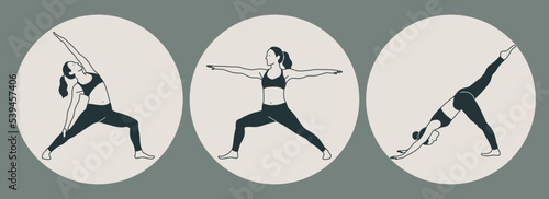 Set of women wearing sportswear doing Yoga. Young slim girls doing yoga. Hand drawn colored Vector illustrations. Motivation. Health care and lifestyle concept. Female yoga. 