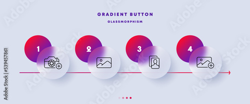 Photography set icon. Gallery, image, slideshow, portrait, camera, filter, effect, picture. Film concept. Glassmorphism style. Vector line icon for Business and Advertising