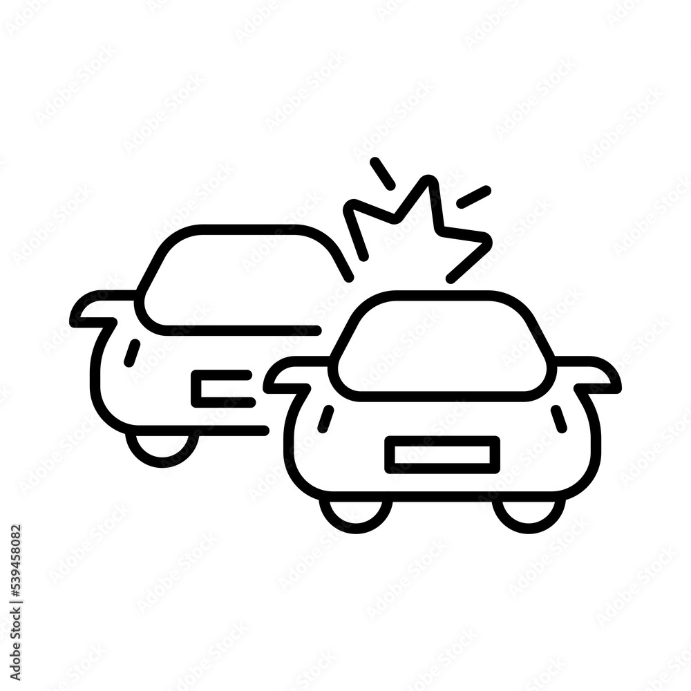 The car crashed into another car line icon. Car accident, drive, unable to control, warning sign, collision, collide, crash into wall, driver, service, fix, repair. Road traffic concept. Vector icon