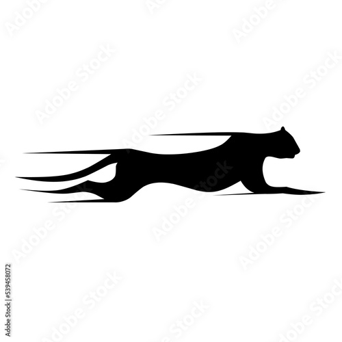 Vector silhouette of a running cheetah. World's fastest animal running to catch prey on white background. Great for logos about speed.