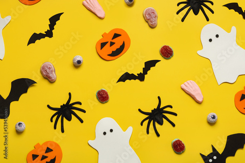 Happy Halloween. Top view of creative pattern made of decoration Halloween party. Halloween concept background
