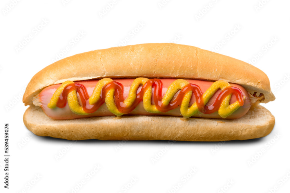 Tasty hot dog with mustard and ketchup on white background Tasty hot dog with mustard and ketchup on white background