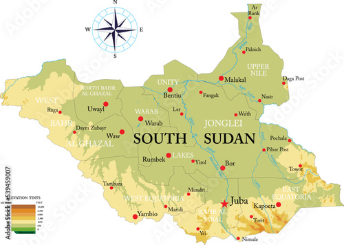 South Sudan highly detailed physical map
