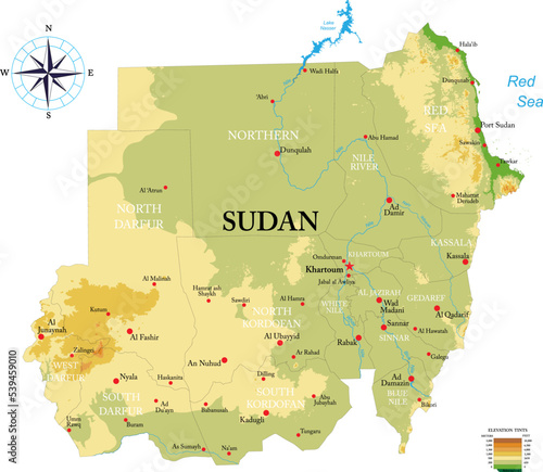 Sudan highly detailed physical map