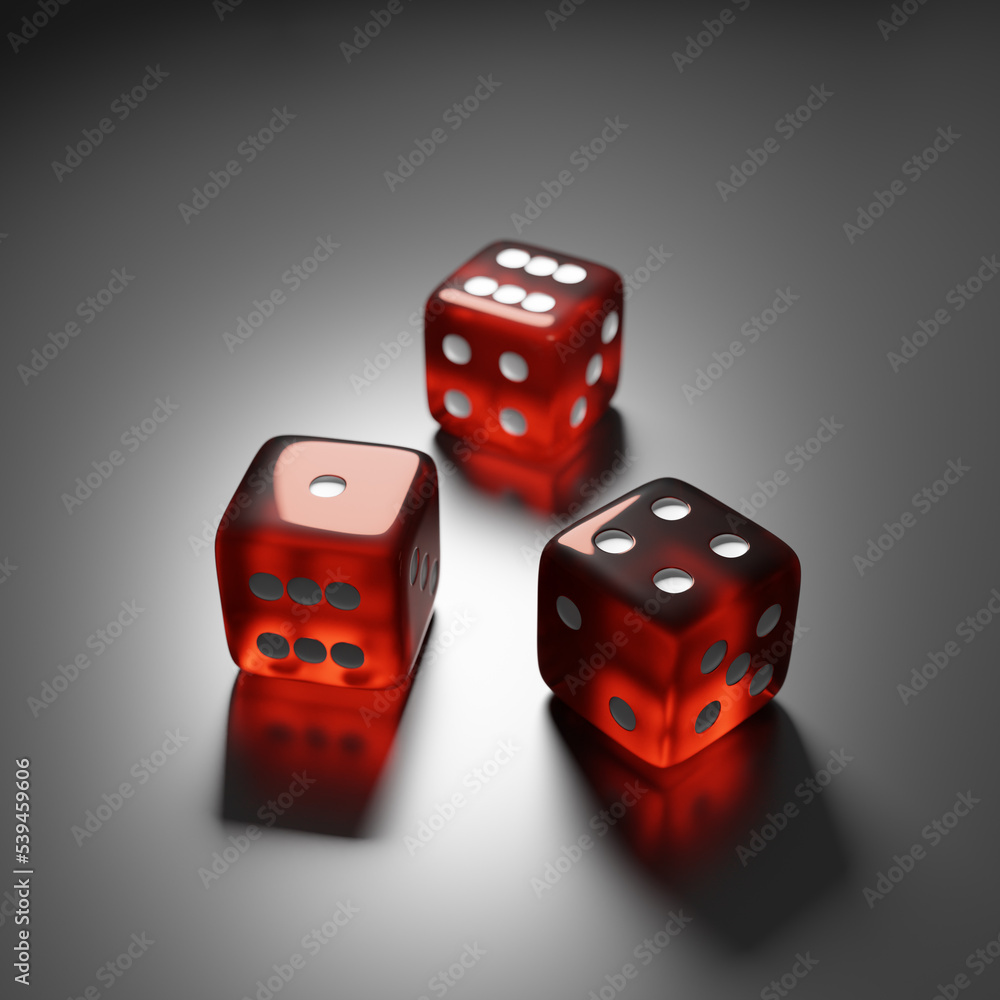 Red glossy dice on dark metallic background. Casino, betting, gambling addiction, concept of luck and random, 3d render Red glossy dice on dark metallic background. Casino, betting, gambling addiction, concept of luck and random, 3d render