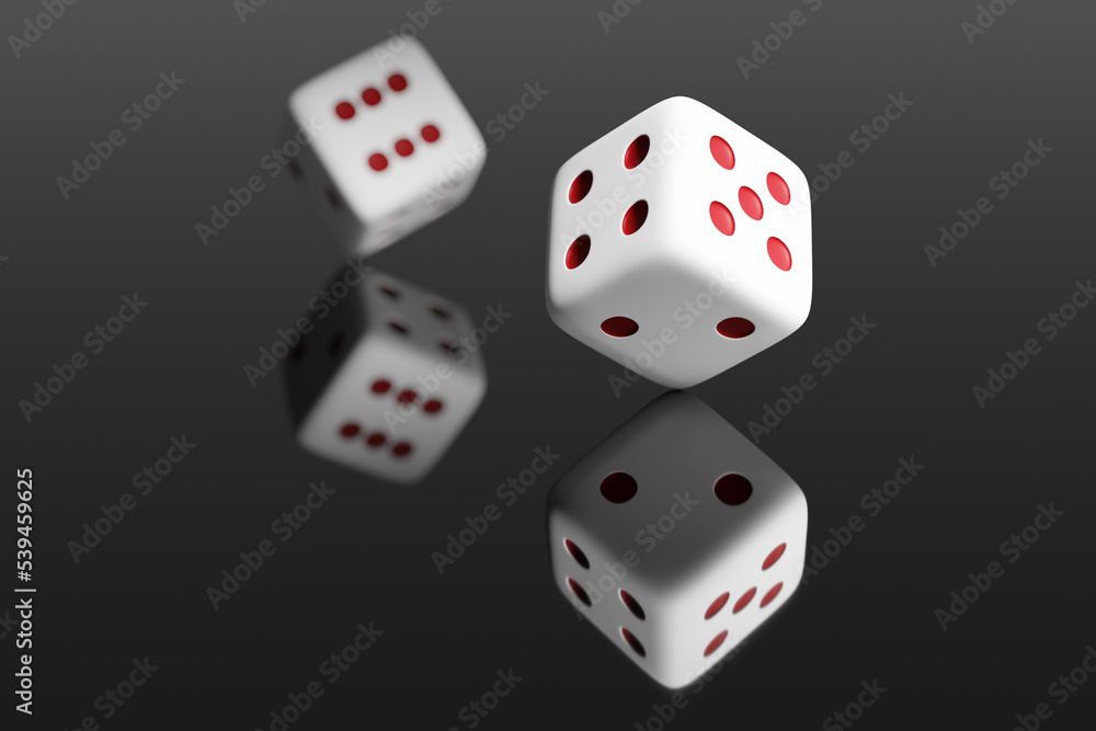 A pair of dice on dark metallic background. Casino, betting, gambling addiction, concept of luck and random, 3d render A pair of dice on dark metallic background. Casino, betting, gambling addiction, concept of luck and random, 3d render