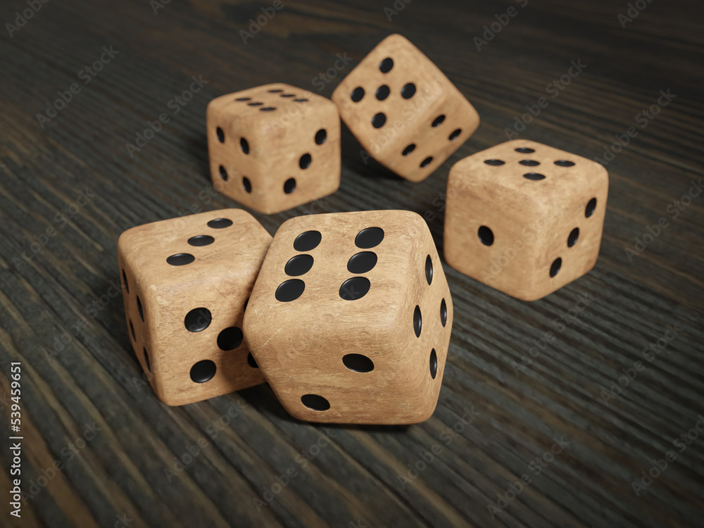 Wood bo bing dice on wooden background, 3d render. Chinese mooncake game, casino, betting, gambling addiction, concept of luck and random. Wood bo bing dice on wooden background, 3d render. Chinese mooncake game, casino, betting, gambling addiction, concept of luck and random.