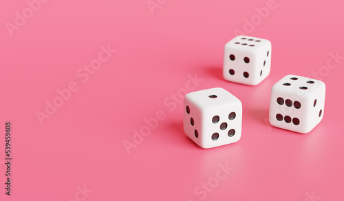 Three dice on soft pink background. Casino  betting  gambling addiction  concept of luck and random  3d render