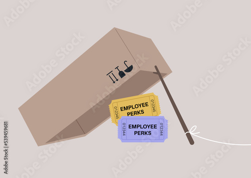 A box-and-stick trap, a mechanism used for live trapping with employee perks stylized as admission tickets, corporate retention program