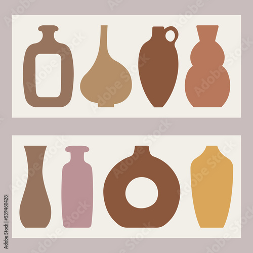Vintage abstract set with vector boho ceramic vase. Vector illustration. Elegant decoration. Boho flat modern design