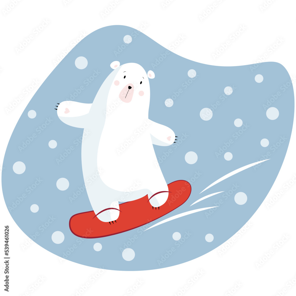 A polar bear flies from the mountain on a red snowboard against the background of falling snow in a flat style. Animal logo or banner. Baby winter holidays greeting card. A polar bear flies from the mountain on a red snowboard against the background of falling snow in a flat style. Animal logo or banner. Baby winter holidays greeting card.
