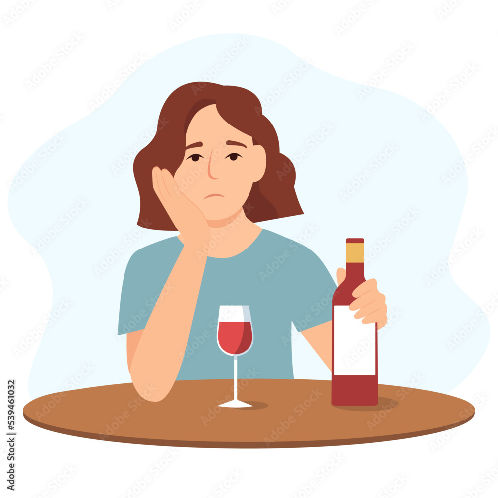 Sad girl is sitting at the table and drinking alcohol. Depression, stress. Alcohol addiction, harmful habit. Vector illustration Sad girl is sitting at the table and drinking alcohol. Depression, stress. Alcohol addiction, harmful habit. Vector illustration