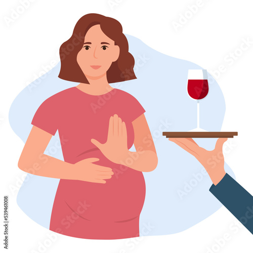 Pregnant woman standing refusing of glass of wine with raised hand. No alcohol during pregnancy.Healthy lifestyle and avoiding alcohol concept. Vector flat illustration