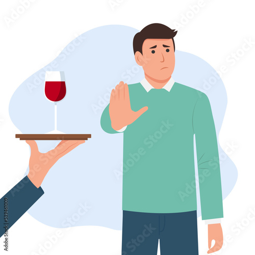 Man standing refusing of glass of wine with raised hand. Healthy lifestyle and avoiding alcohol concept. Vector flat illustration photo
