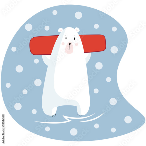 A polar bear stands with a red snowboard in its paws against the background of falling snow in a flat style. Animal logo or banner. Baby winter holidays greeting card. 