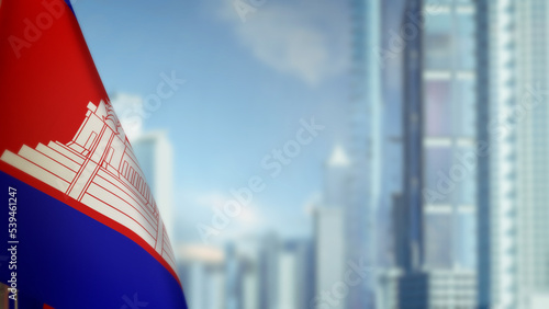 flag of Cambodia on modern city architecture bokeh background for memorial day - abstract 3D rendering photo