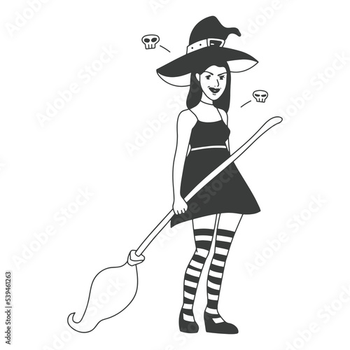 contour illustration girl in a witch costume for halloween