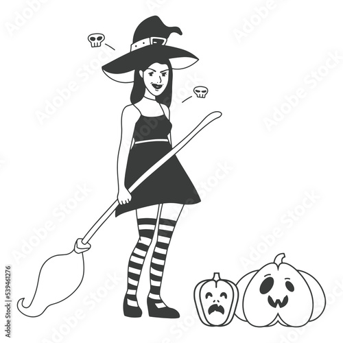 contour illustration girl in a witch costume for halloween