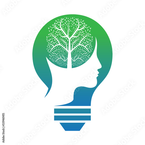 Female head with brain tree logo concept. Organic brain tree mind concept design.