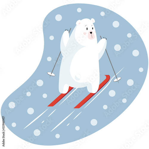 A polar bear runs cross-country skiing against the background of falling snow in a flat style. Animal logo or banner. Baby winter holidays greeting card.