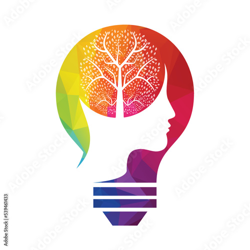 Female head with  brain tree logo concept. Organic brain  tree mind concept design.