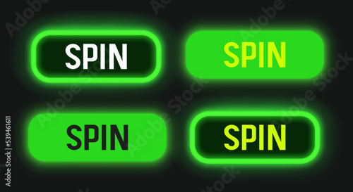 Neon spin button. Green 3d buttons. Vector clipart isolated on white background.