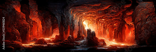 Underground, molten lava cave. Digital art. Deep cavern. 3D illustration. Generative AI