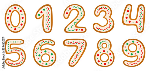 Numbers from 0 to 9 in gingerbread cookies style with colorful icing. Food or Christmas and winter holiday theme.