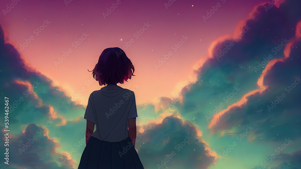 Anime girl looking at the night sky. Manga cartoon character alone. Moment  of emotion. Thinking while stargazing at the clouds. Beautiful cute woman  being sad depressed. Moment of hope. Digital art. Stock-Illustration |