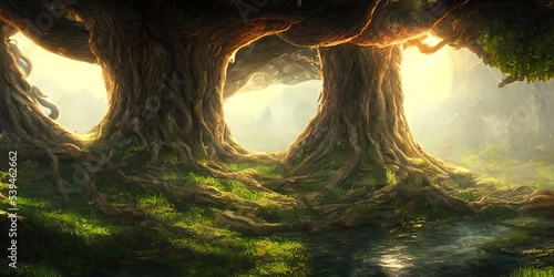 Large tree base, fabulous landscape. Illustration. © Korney