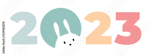 Vector multicolor calendar date 2023 and hare for poster, brochure, banner, card. Rabbit peeking out of number 0 isolated on white background. Happy new year 2023 with a bunny